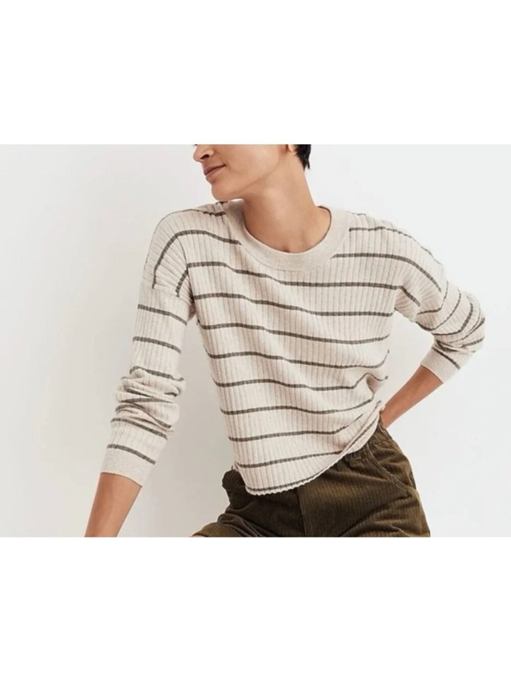 Madewell Lawson Crop Pullover Sweater Long Sleeve Striped Knit Cream Gray Size M